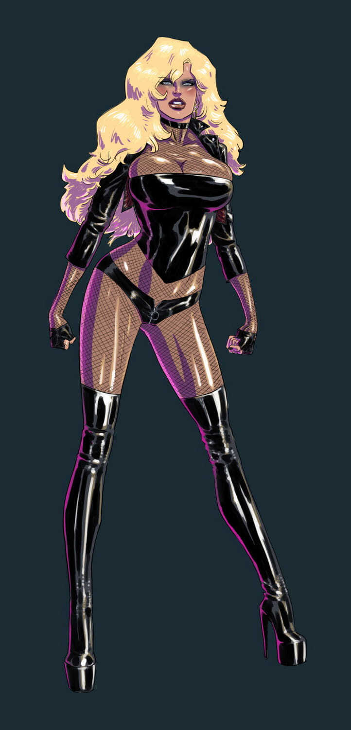 Black Canary Busty Latex Superheroine Female Only Fishnet Stockings