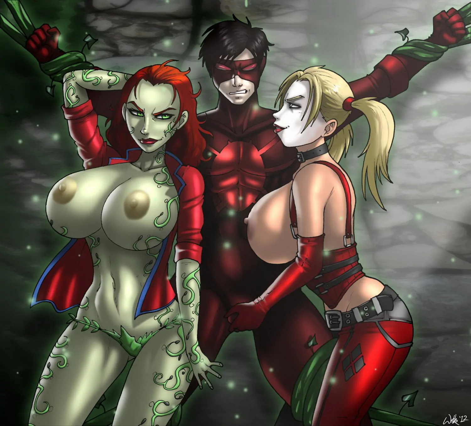 Harley Quinn and Nightwing Lips Tits Legs Threesome Femdom Blonde