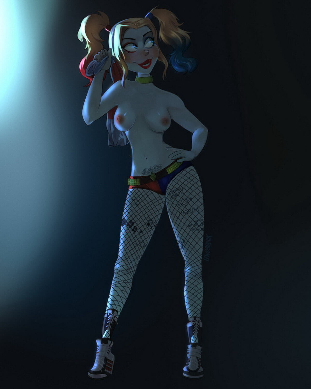 Harley Quinn Female Only Solo Blonde Nipples Fishnet Stockings