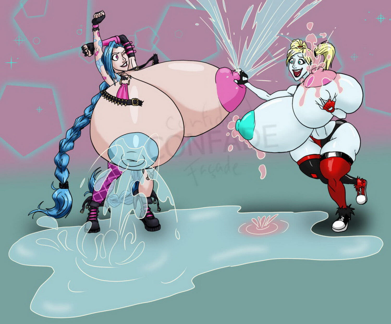 Jinx (League Of Legends) and Harley Quinn Lactation Tits Big Breast