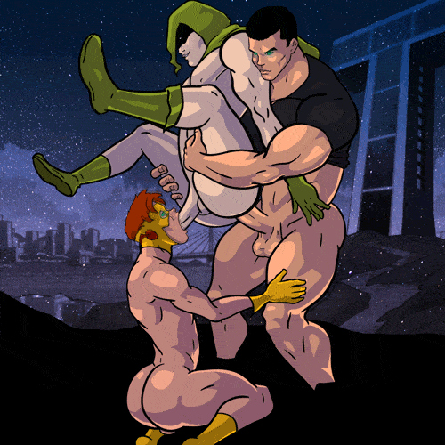 Kon-El and Pied Piper Muscular Gay Legs Up Threesome Muscle