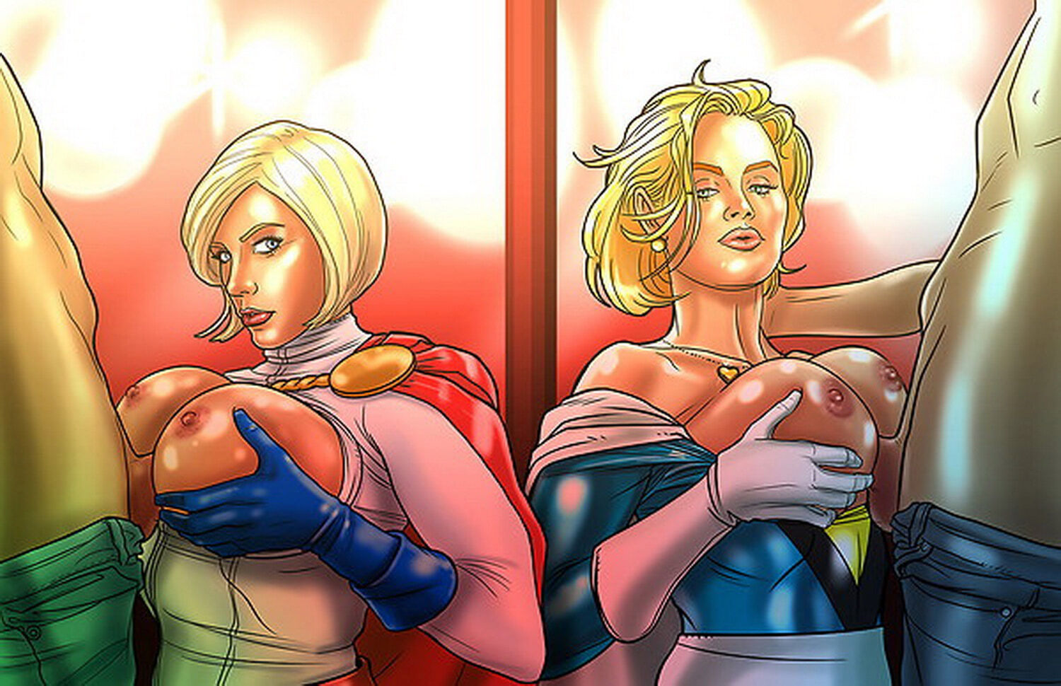 Power Girl and Miss Adventure Hand On Breast Superheroine Tits
