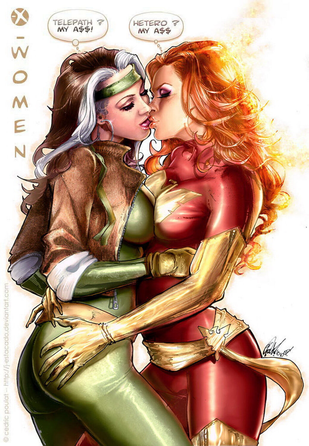 Rogue (X-Men) and Phoenix Hand On Butt Busty Superheroine Curvy Tits