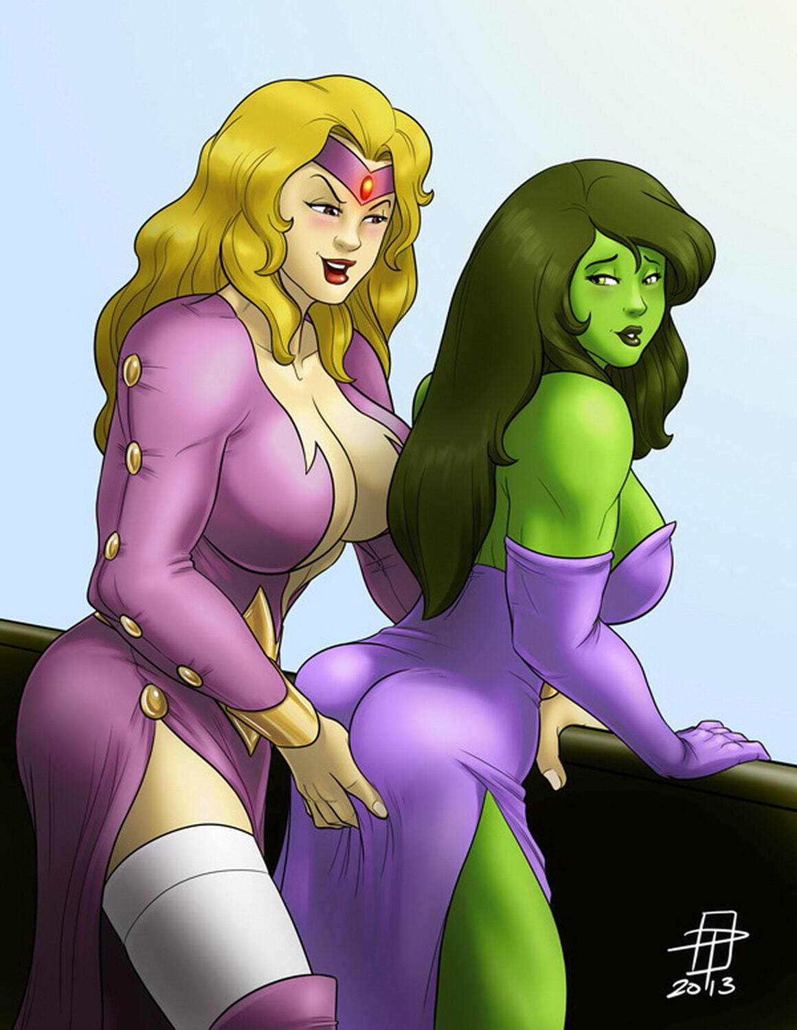 She-Hulk and Titania Yuri Stockings Blonde Busty Female Only Tits