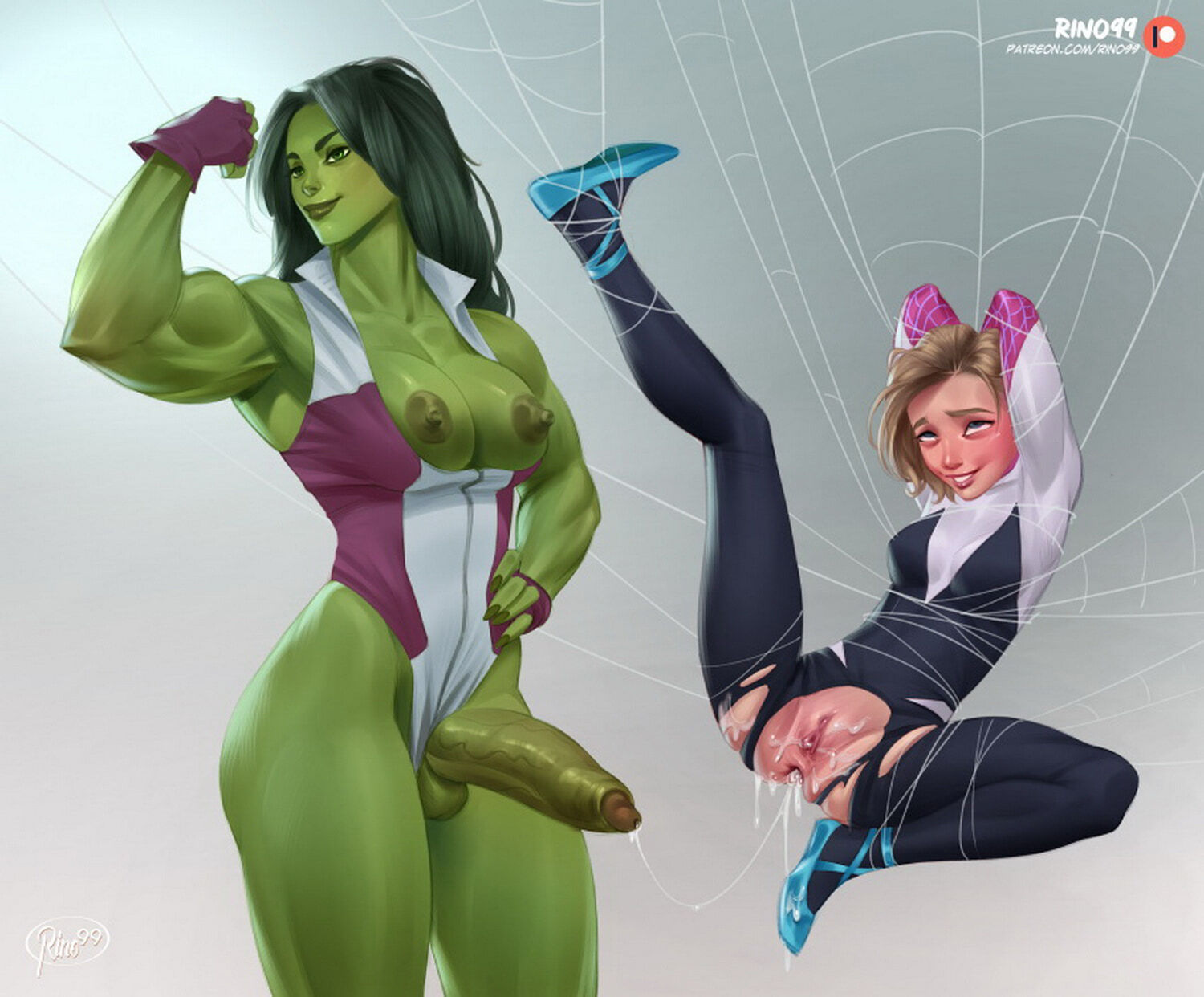 Spider-Gwen and She-Hulk Pussy After Sex Cum Inside Futanari