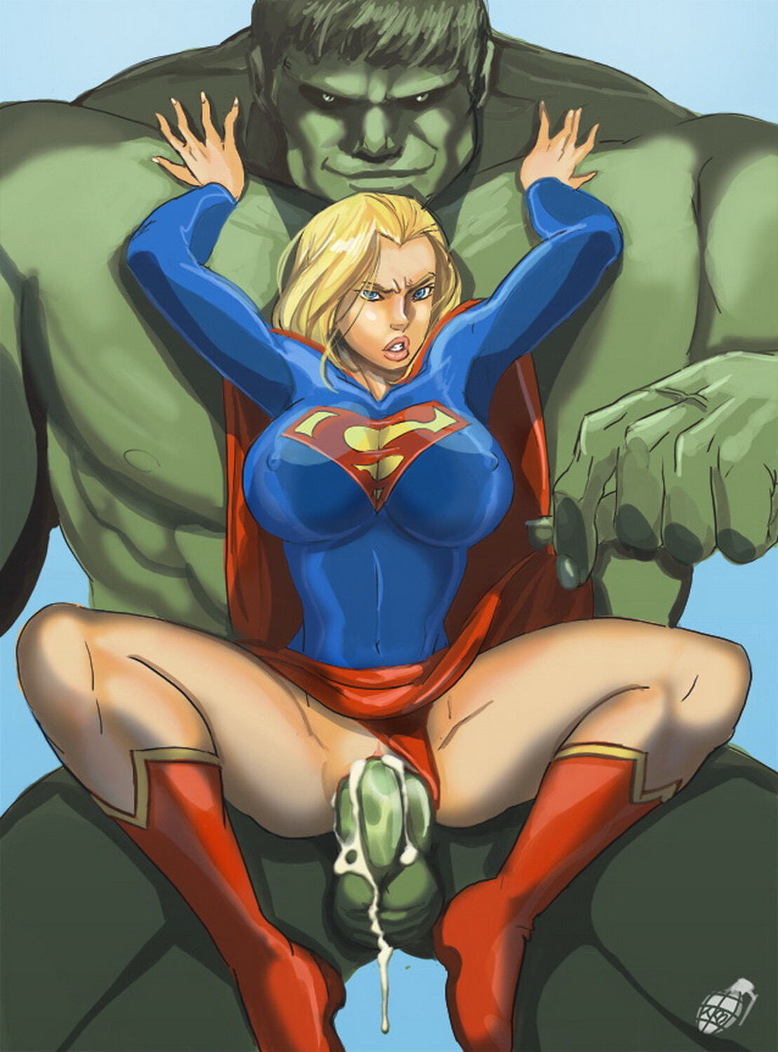 Supergirl and Hulk Superhero Lips Tits Penis Cum Blonde