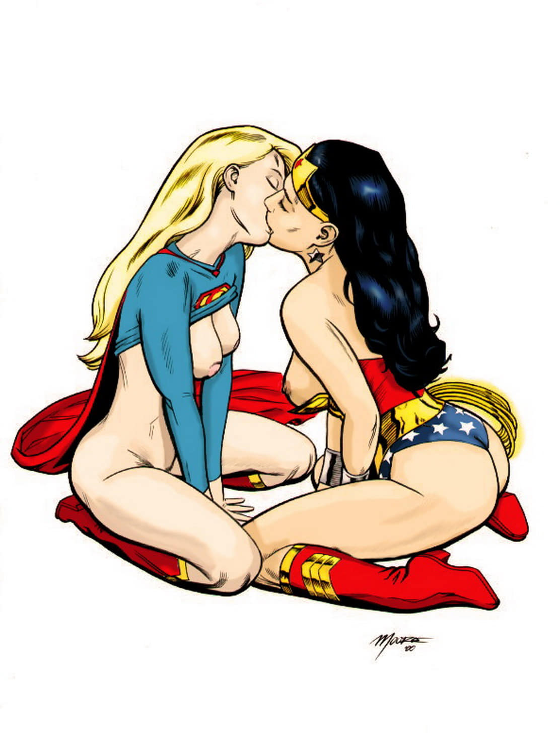 Supergirl and Wonder Woman Yuri Female Only Nipples Blonde Tits